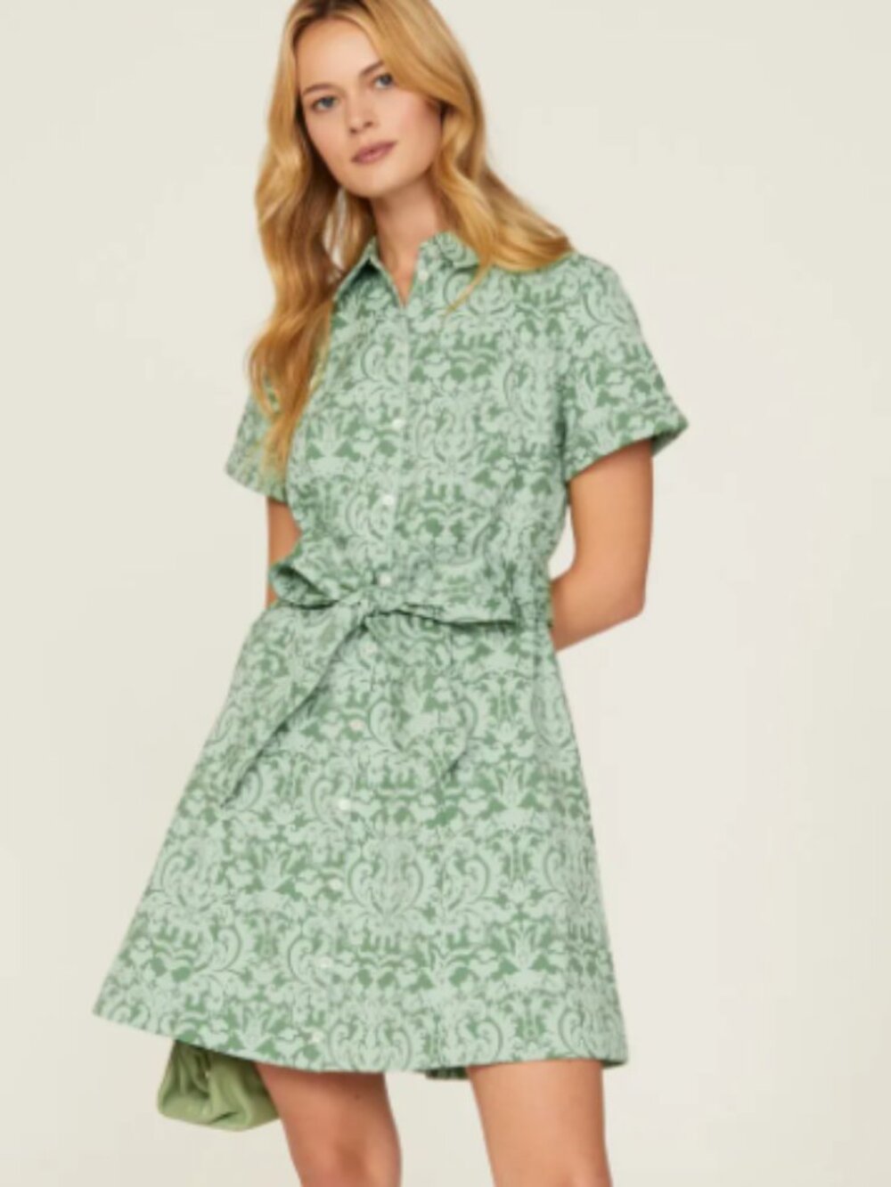✨ Hill House Home "The Laura" Green Damask Linen-Blend Dress Size L✨